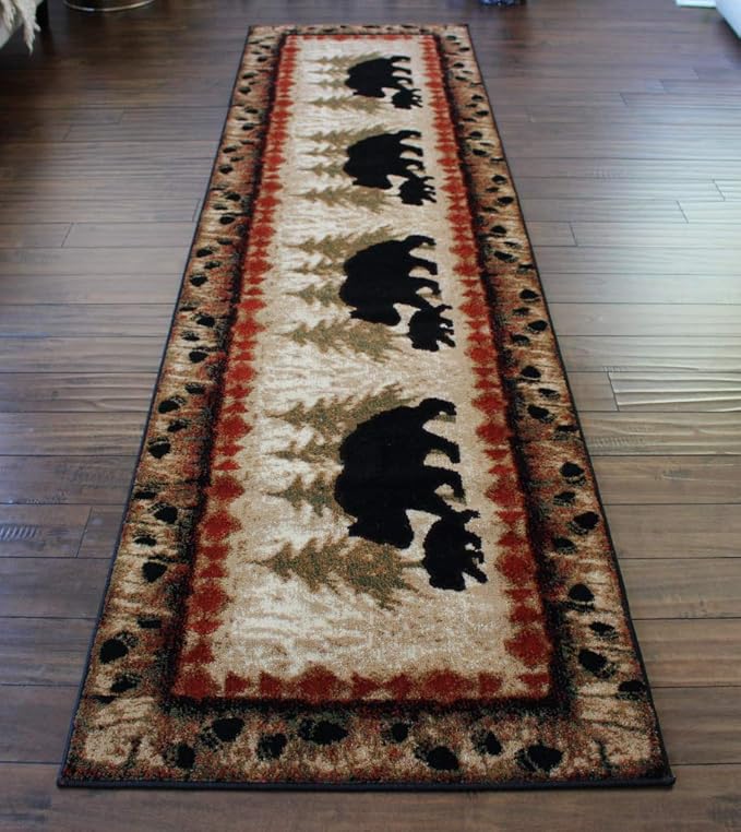 Masada Rugs, Cabin Lodge Area Rug Bear and Cub Scene (2 Feet 8 Inch X 10 Feet) Runner