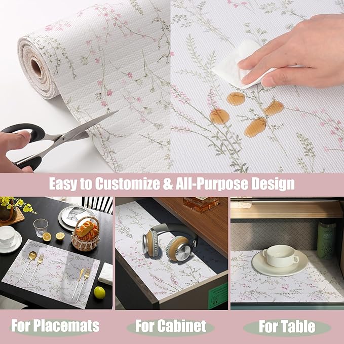 Floral Drawer and Shelf Liner for Cabinets 16IN x 10FT, Non-Adhesive and Strong Non-Slip Flower Shelf Cabinet Drawer Liners for Kitchen,Table,Bookshelves,Waterproof Cupboard Liner