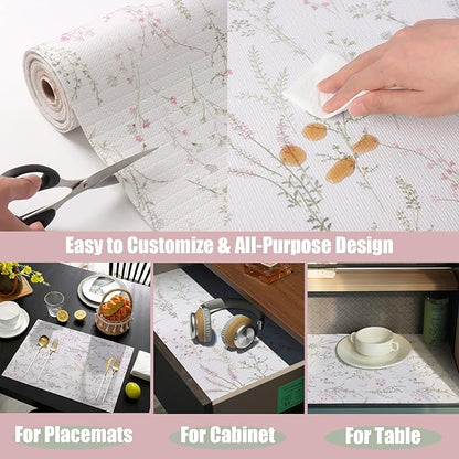 Floral Drawer and Shelf Liner for Cabinets 16IN x 10FT, Non-Adhesive and Strong Non-Slip Flower Shelf Cabinet Drawer Liners for Kitchen,Table,Bookshelves,Waterproof Cupboard Liner