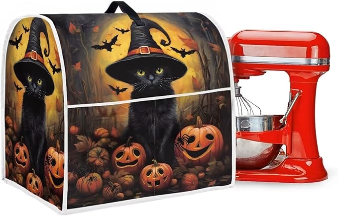 Halloween Mixer Covers - Black Cat Pumpkin Indoor Kitchen Decorations, Polyester Dustproof Cover with Pockets, Compatible with 6-8 Quart Stand Mixer