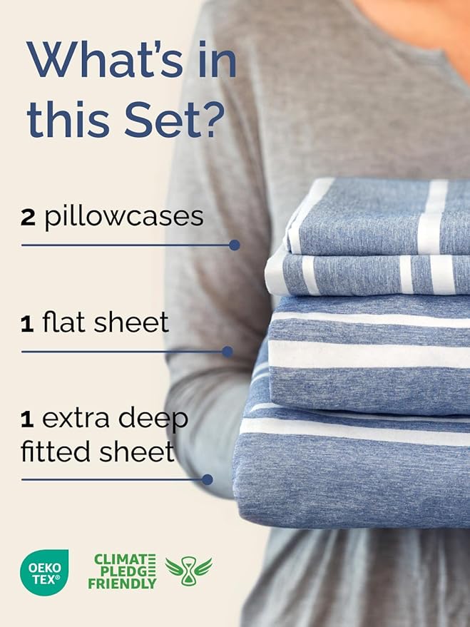 Extra Deep Pocket Queen Sheet Set - 4 Piece Breathable & Cooling Bed Sheets - Hotel Luxury Sheet Set - Ultra Soft, Wrinkle Free & Comfy - Fits Extra Deep Mattresses - Deep Pocket Blue Stripes 3 Sheets