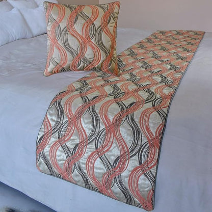 The HomeCentric King/Queen/Twin Orange Designer CA King 86"x18" Bed Runner with Two Pillow Cover, Swirls & Quilted Bed Scarf on Jacquard Fabric - Orange Twirls