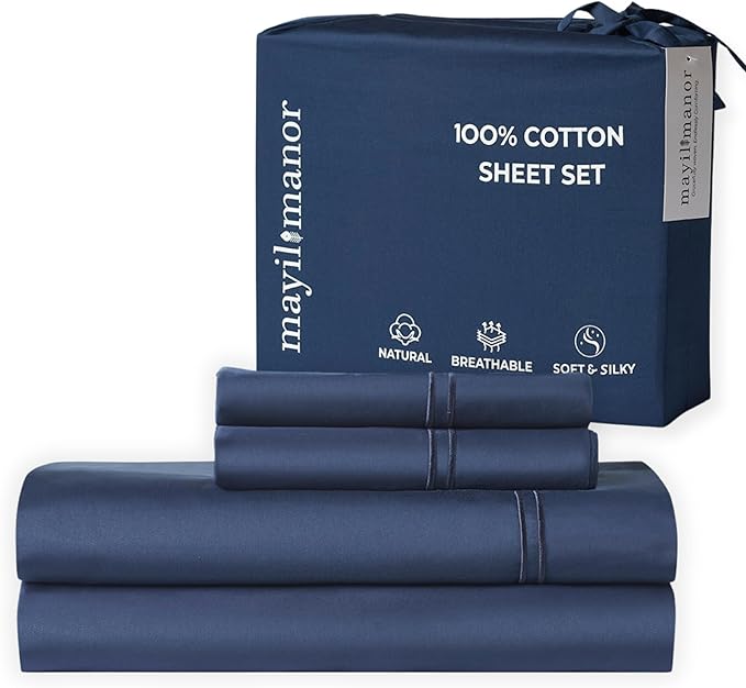 100% Natural Cotton Bed Sheets | 500 TC Single-Ply Sateen Weave King Size Sheets Set | Breathable & Hypoallergenic Solid 4-Piece Bedding with Deep Pocket Fitted, Flat, Pillowcase|Navy Blue
