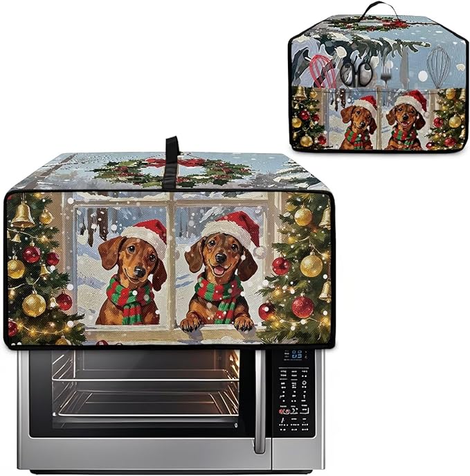 Convection Oven Dust Cover with Storage Pockets, Protective Smart Oven Cover for Kitchen Countertop for Christmas Holiday Party, S, 14.5 x 18.5 x 9 Inches, Dachshund Dog Christmas Tree