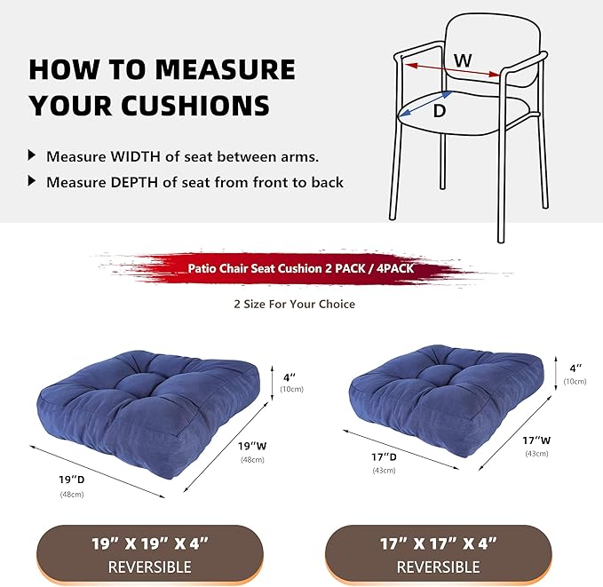 RACE LEAF 4 Pack 19x19 Patio Chair Cushions, Waterproof Memory Foam Cushions with Tufted Cover and Non-Slip Base (Navy)