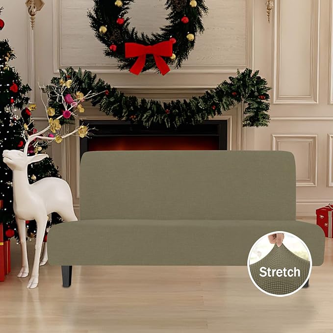 Easy-Going Stretch Futon Slipcover Armless Futon Bed Cover Furniture Protector Without Armrests with Elastic Bottom for Kids, Soft Jacquard Fabric Small Checks (Large, Khaki)