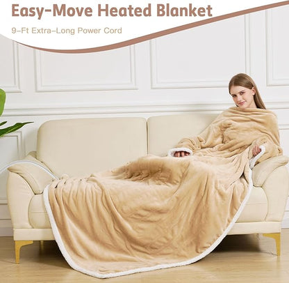 Heated Blanket, 55"×80" Wearable Electric Blanket with Sleeves, Sherpa Snuggle Throw Blanket, Warm Gift for Grandma, Mom, Dad, (Camel)