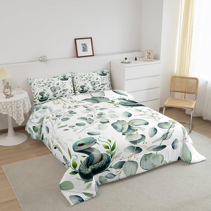 Erosebridal Cute Snake King Comforter Set for Kids Child Green Eucalyptus Bedding Set King, Wild Animal Bedding Comforter Sets Botanical Plant Leaves Duvet Set, Cartoon Wildlife Quilted Comforter