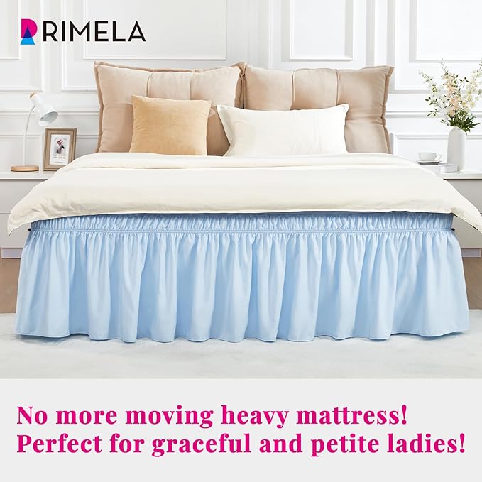 RIMELA Light Blue Bed Skirt Queen Size 18 Inch Drop, Elastic Bed Skirting for Bed Base and Frame, Bedding Dust Ruffle Easy to Install, Lightweight Wrap Around Adjustable Bedskirt