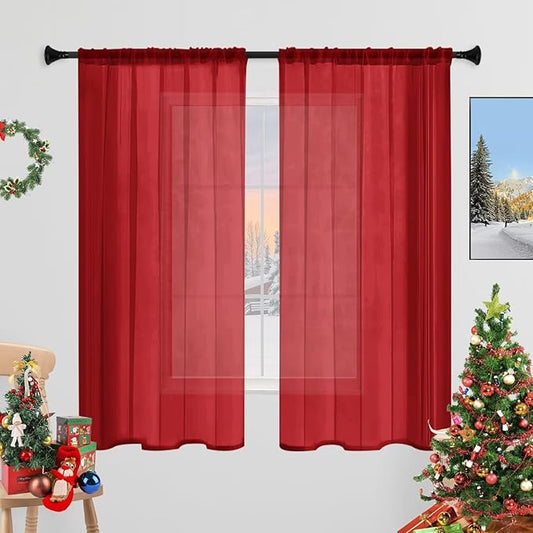 Sheer Curtains 54 Inches Long 2 Panels, Rod Pocket Short Curtain for Kitchen, Bedroom, Cafe Window(Christmas Red 38" W x 54" L)