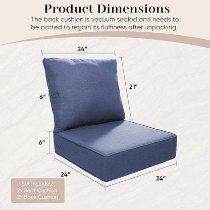 Luxury Outdoor Seat Cushion Set-24 x 24 x 6 Inch Outdoor Chair Cushions with Water Resistant & Removable Cover Outdoor Cushions for Patio Furniture Chair Sofa Couch
