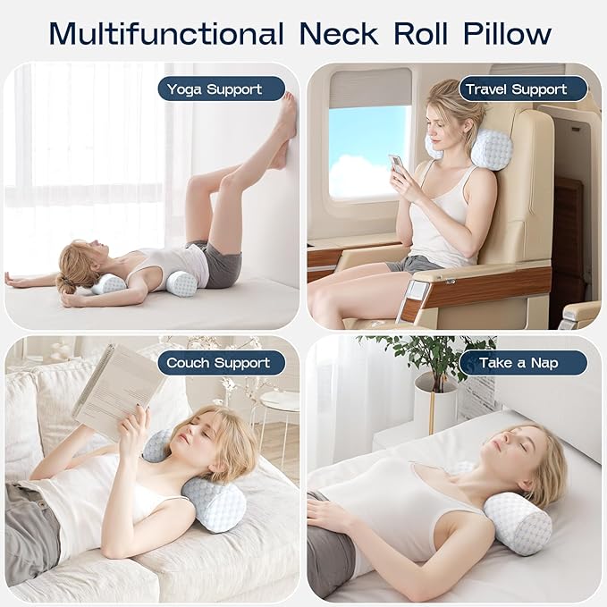 Neck Roll Pillow for Neck Pain Relief - Memory Foam Neck Support Pillow for Bed | Round Neck Pillow for Sleeping, 15.7 * 6 * 6 inch (Cool-Blue)