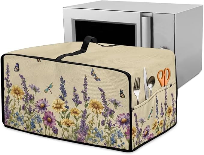 Convection Toaster Oven Cover with Side Pockets, Dust-Proof Smart Microwave Oven Protector for Countertop Decorations, L, Floral Butterfly Dragonfly