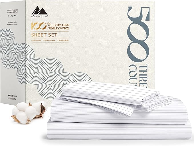 Mayfair Linen 100% Cotton Printed Bed Sheets Full Size Set - 500 Thread Count Cotton Sheets for Full Size Bed, 4 PC Set (Pinstripe - Light Grey), Soft, Cooling, Sateen Weave 16" Deep Pocket Bedsheet