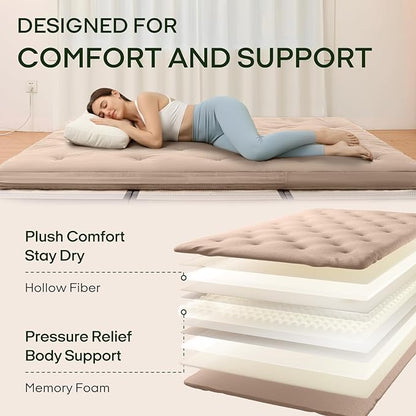 ZonLi Japanese Floor Futon Mattress Queen Size 80"x 60", 100% Cotton Cover 4'' Thicken Tatami Mattress, Foldable Sleeping Pad, Portable Dormitory Tatami Mat(Khaki)