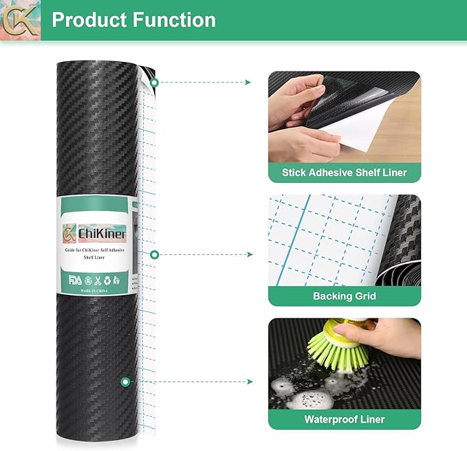 Self-Adhesive Shelf Liner Kitchen Liner, Waterproof Backed Paper Easy Peel and Stick Contact Liner Without Residue for Decor Your Desk Surface, Kitchen Countertops (Black, 23.6 x 236.2 inches)