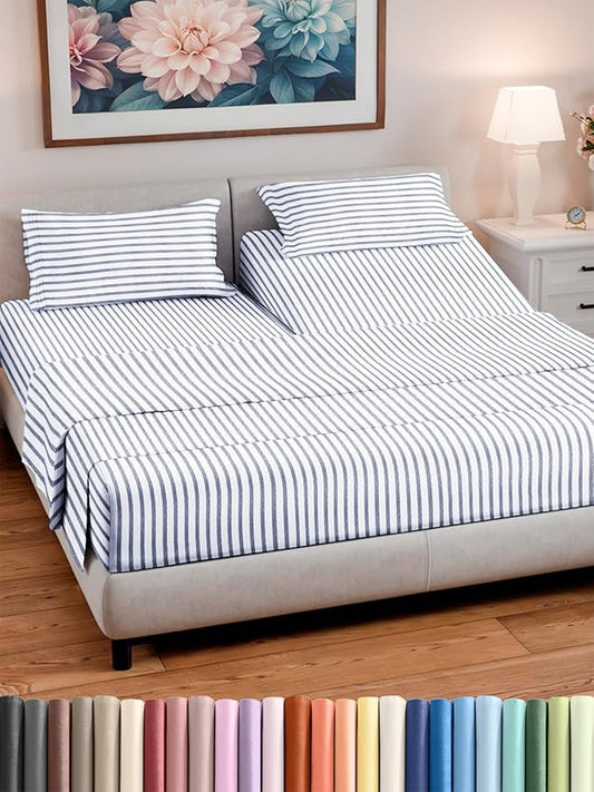 Split Head King Sheet Set – 4 Piece Flex Split Top King Sheets for Adjustable Beds - Fits 14” to 16" Mattress w/ Deep Pockets - Breathable & Cooling - Luxury Bedding and Wrinkle Free - Blue Stripes 2