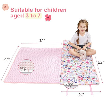 Viviland Toddler Nap Mat, Rolled Sleeping Mats with Pillow and Minky Dot Blanket for Girls, Kids Slumber Bag Nap Mat for Preschool, Daycare, Kindergarten, Travel Camping - Butterfly Garden