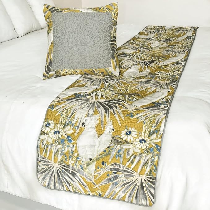 The HomeCentric King/Queen/Twin Grey & Yellow Decorative Queen 74"x18" Bed Runner Without Pillow Cover, Cockatoo Bird & Quilted Bed Scarf on Cotton Fabric - Cockatoo Love