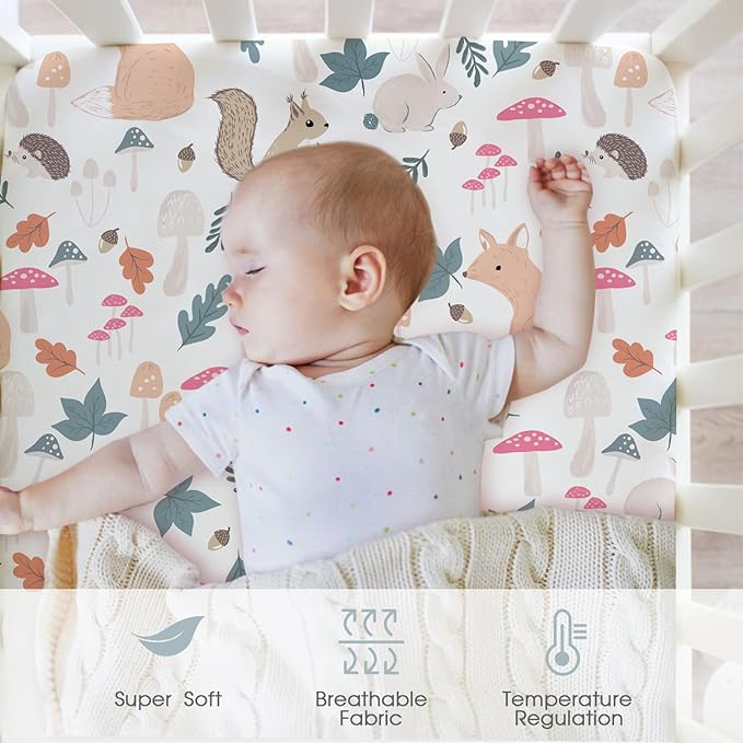 Bimocosy Crib Sheets 4 Pack, Baby Crib Sheets Fitted for Boys and Girls Breathable & Snug Fit, Soft Toddler Bed Sheets for Standard Crib Mattress Nursery Daycare Essentials, Forest Friends
