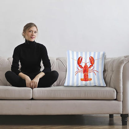 Coastal Lobster Pillow Covers, New England Nautical Red Lobster Blue White Stripes Throw Pillow Covers for Beach House Summer Home, Preppy Beach Room Decor, Easter Coast Seafood Decor