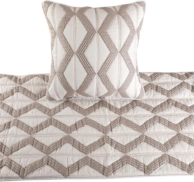 The HomeCentric Ivory Bed Runner Without Pillow Cover, Queen Size 74"x18" Decorative Bed Runner, Ivory & Taupe Linen Bed Scarf in Quilted Pattern & Linen Embroidery - Pattern Flatter