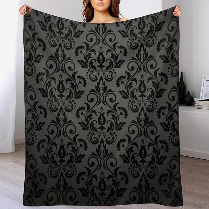 Black Damask Blanket, Antique Victorian Style Gothic Vintage Black Floral Bohemian Exotic Print Blanket for Sofa Bed Decor Fuzzy Blanket Twin, 50"x60"