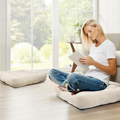 Meditation Floor Pillow Set of 2, Square Large Pillows Seating for Adults, Tufted Corduroy Cushion for Tatami Living Room, 22x22 Inch FP-Beige