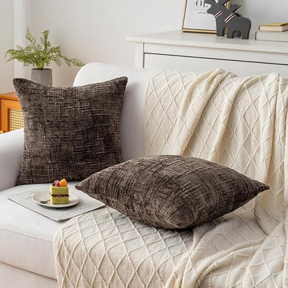 Decorative Throw Pillow Covers 22x22 Inch Set of 2, Soft Solid Farmhouse Chenille Couch Pillows, Spring Pillow Covers for Couch Sofa Bed Living Room Home Decor Pillowcase, Brown