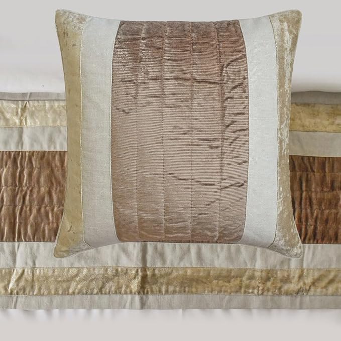 The HomeCentric King/Queen/Twin Beige Designer Full 68"x18" Bed Runner with One Pillow Cover, Velvet & Patchwork Bed Scarf on Velvet Fabric - Luxe Velvet Lines