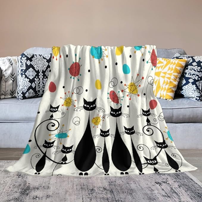 Mid Century Modern Throw Blanket, Atomic Black Cat Starbursts Iconic Sputnik Retro Abstract Geometric 1950s 1960s Throw for Adults Kids Pet, Beige Black 30"x40"