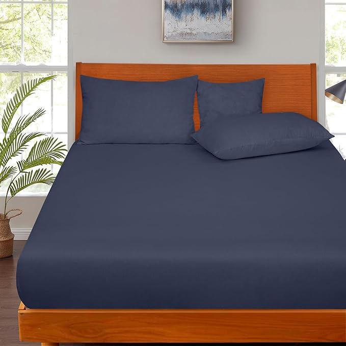 ROYALE LINENS 300 Thread Count 100% Long Staple Combed Cotton Fitted Sheet Twin - Super Soft Deep Pocket Bottom Sheet - Fitted Sheets Only - Elastic Sheets (Twin, Navy)