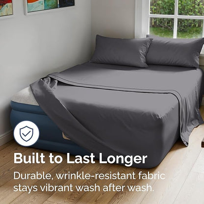 Air Mattress Sheet Set for King Size - 4 Piece Breathable & Cooling Sheets w/Extra Deep Pockets - Fits Inflatable & Blow Up Air Mattresses Up to 24 Inches Thick - Soft and Wrinkle Free - Dark Grey