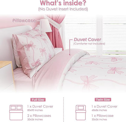 SANDJEST Bow Duvet Cover Sets Twin Size for Kids Girls, Include 1 Polyester Comforter Cover 68x86 Inches and 1 Pillowcase 20x26 Inches, Comforter Not Included, Gift for Christmas Birthday