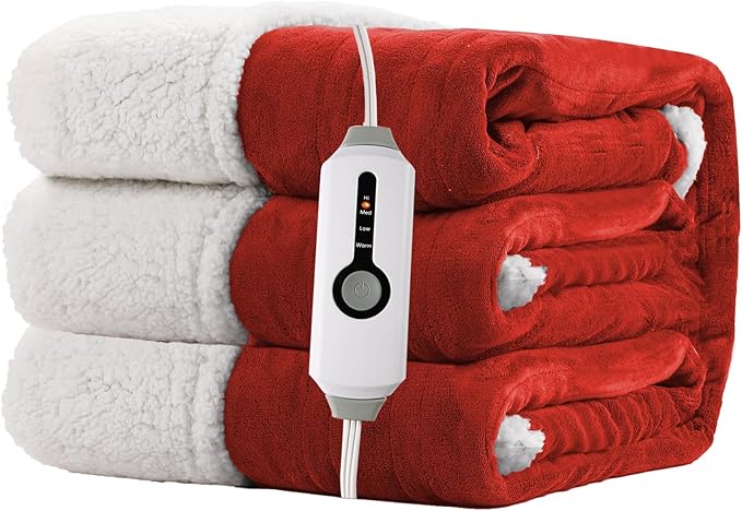 Electric Heated Blanket Twin Size 62"x84" - Dual-Sided with Microplush & Sherpa Fabric, 4 Heat Settings & 10 Hours Auto Off, Machine Washable - Red