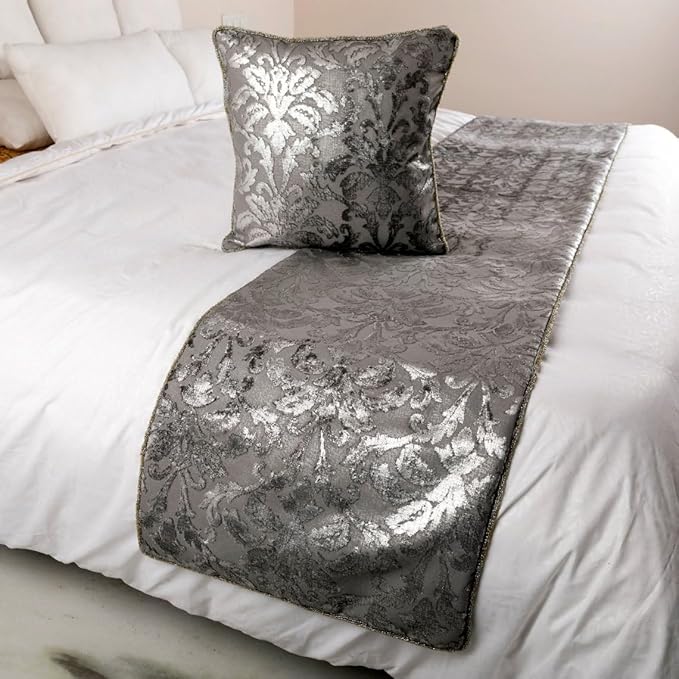 The HomeCentric Silver Bed Runner, Queen Size 74"x18" Decorative Bed Runner with Matching Pillow Cover, Silver & Grey Velvet Bed Scarf in Foil Velvet Bead Border - Silver Glitterati