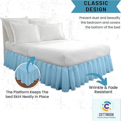 Ruffled Bed Skirt with Split Corners-Dust Ruffle - 15" Drop 100% Microfiber Soft,Sheen & Luxurious Look - Bed Skirts (Light Blue -Queen)