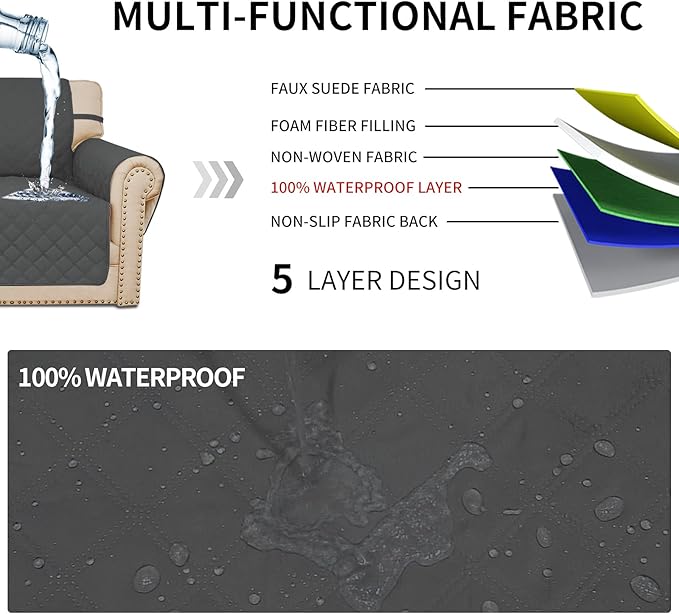 Easy-Going Sofa Slipcover Waterproof Sofa Cover Couch Cover for 4 Cushion Couch with Elastic Straps Washable Non-Slip Furniture Protector Cover for Pets, Dogs, Cat (XX-Large, Dark Gray)