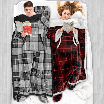 PAVILIA Sherpa Blanket with Sleeves, Foot Pocket for Women Men Adults, Thick Wearable Blanket Throw Wrap, Fleece Warm Snuggle Blanket Robe, Cozy Gift Ideas Wife Mom, Plaid Red