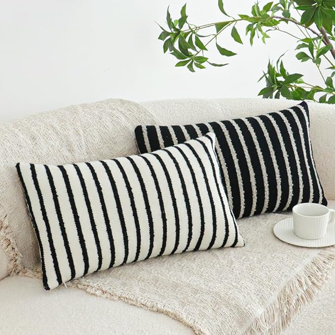 Jonhier White Striped Lumbar Boho Throw Pillow Cover, Modern Boucle Textured Rectangle Pillowcase for Sofa Couch Bed, Neutral Farmhouse Accent Decorative Cushion Cover for Living Room, 12 x 20 inch