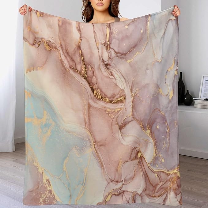 Abstract Marble Blanket, Modern Luxury Baroque Golden Pink Purple Stone Veins Pattern Soft Warm Cozy Plush Flannel Covers for Livingroom Bedroom Couch Chair Camping Travel Home Decor Tapestry 40x50in