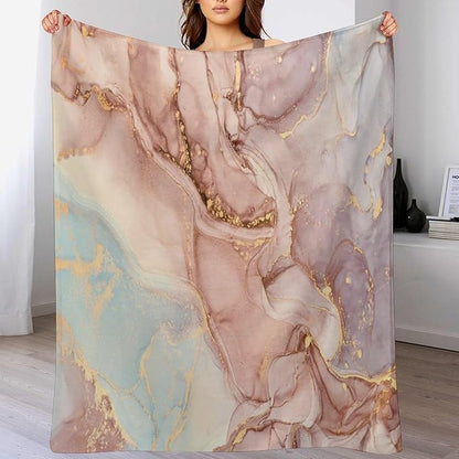 Abstract Marble Blanket, Modern Luxury Baroque Golden Pink Purple Stone Veins Pattern Soft Warm Cozy Plush Flannel Covers for Livingroom Bedroom Couch Chair Camping Travel Home Decor Tapestry 60x80in