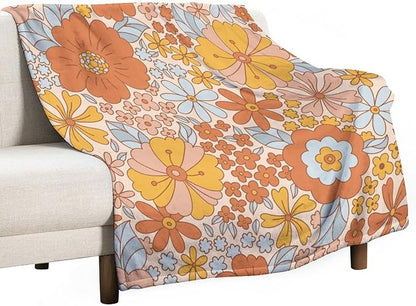 Retro 70s Floral Blanket, Hippie Summer Groovy Flower Power Flower Boho Print Throw Blanket for Couch Sofa Couch Chair 50"x60"