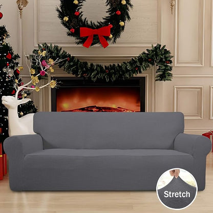 Easy-Going Stretch Oversized Sofa Slipcover 1-Piece Sofa Cover Furniture Protector Couch Soft with Elastic Bottom for Kids, Polyester Spandex Jacquard Fabric Small Checks Gray