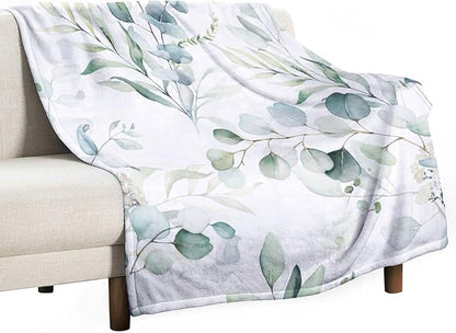Eucalyptus Leaf Throw Blanket, Watercolor Floral Spring Botanical Green Plants Herb Print Cozy Plush Blanket for Bedroom Living Rooms Sofa Couch, 50"x60"