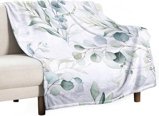 Eucalyptus Leaf Throw Blanket, Watercolor Floral Spring Botanical Green Plants Herb Print Cozy Plush Blanket for Bedroom Living Rooms Sofa Couch, 50"x60"