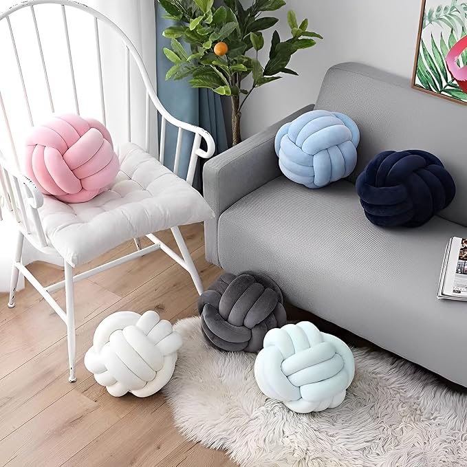Knot Ball Pillows, Round Throw Pillow Cushion Home Decoration Soft Plush Pillow, Throw Knotted Ball Pillow Handmade Children Room Decoration Round Plush Toy Pillow (Dark Blue,8.5"/22cm)