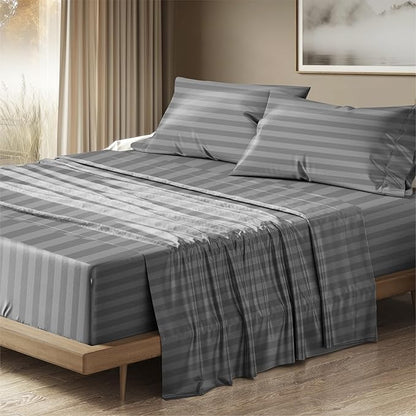 THREAD SPREAD Egyptian Cotton Sheets King Size - 1500 Thread Count 4 PC Damask Sheet Set Egyptian Cotton, Luxury Sheet King Size, Soft, Cooling Deep Pocket Sheets, Fits Upto 19" - Dark Grey Stripe