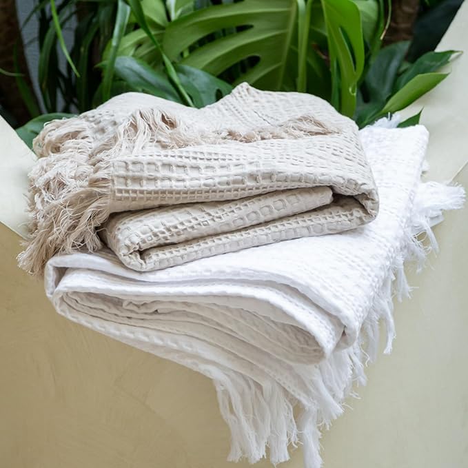 100% Cotton Waffle Queen Blanket with Fringe 90"x90", Pre-Washed Waffle Weave Blanket for All Season, Lightweight Breathable Soft Cozy Throw Blanket for Couch, Bed, Travel (White)