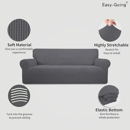 Easy-Going Stretch Oversized Sofa Slipcover 1-Piece Sofa Cover Furniture Protector Couch Soft with Elastic Bottom for Kids, Polyester Spandex Jacquard Fabric Small Checks Gray